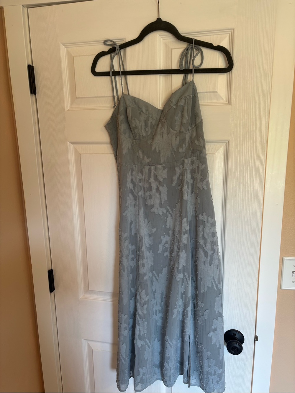 Loveliest Looks Dusty Blue Floral Jacquard Tie-Strap Midi Dress - Picture 3 of 4